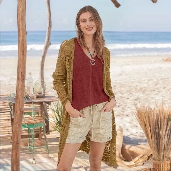 Sundance Fosette Cotton Crochet Cardigan In Golden Olive Size M